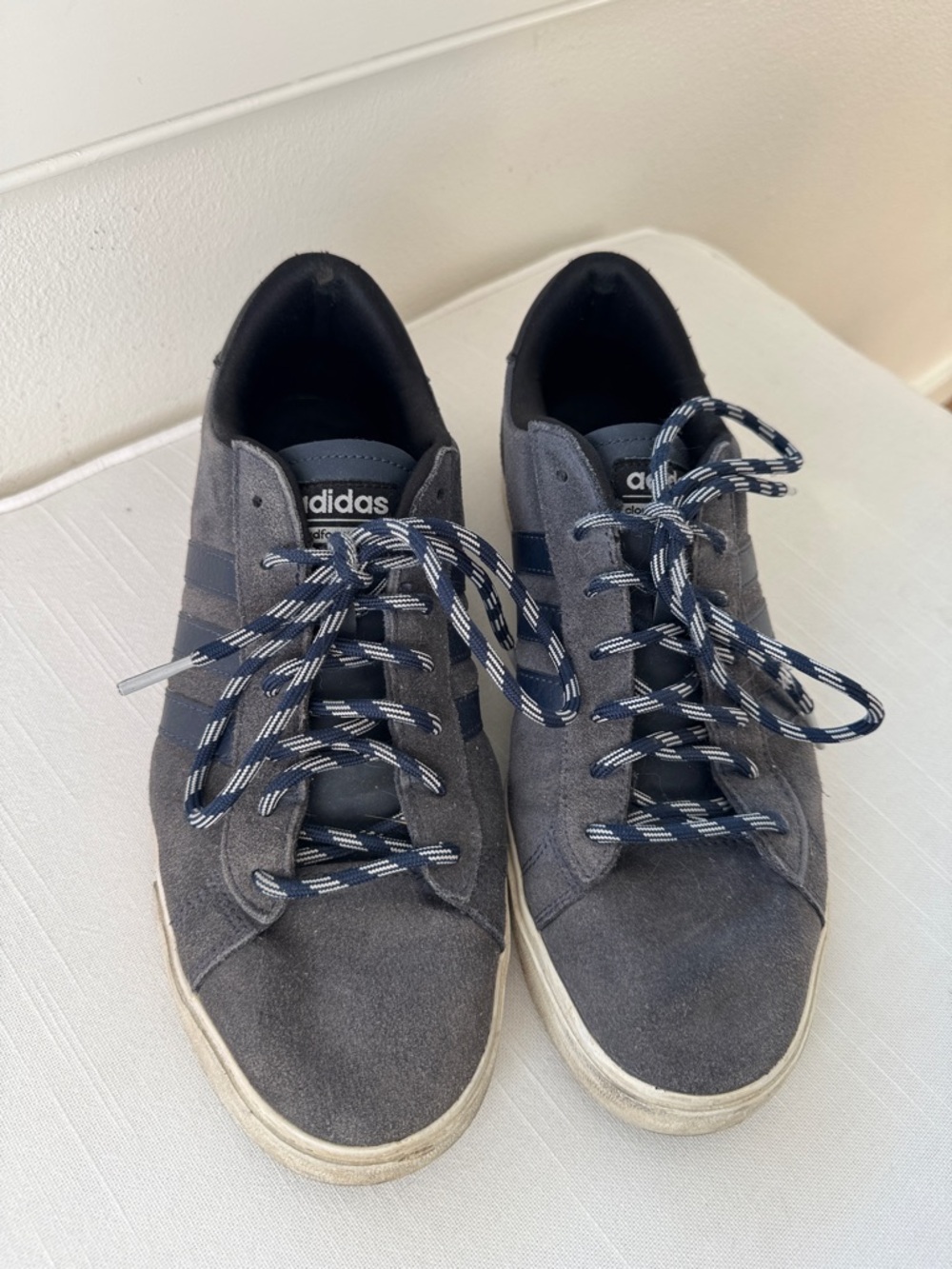 adidas Men’s Gray Suede Sneakers with Navy Stripes